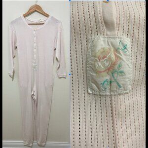 Vintage Women's Romper Lounge Size XS Light Pink Button-Up Floral Patch Detail